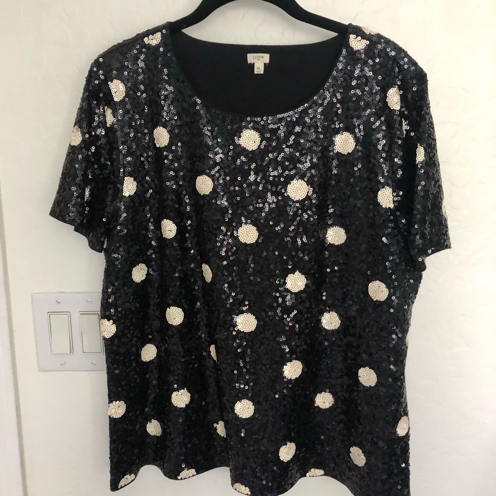 Jcrew sequin shirt in black with white polka dots